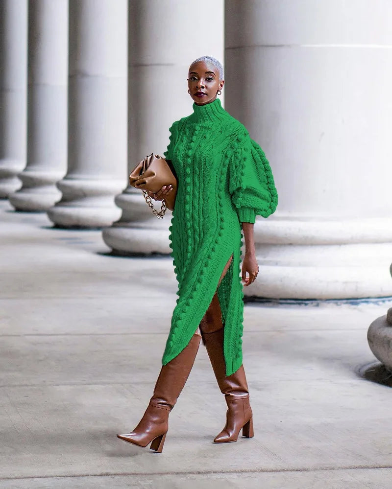 Women's Green Braid Knitted Casual Long Dress Fall Autumn Winter Turtleneck Long Sleeve Side Split Fashion Sweater Dresses Streetwear