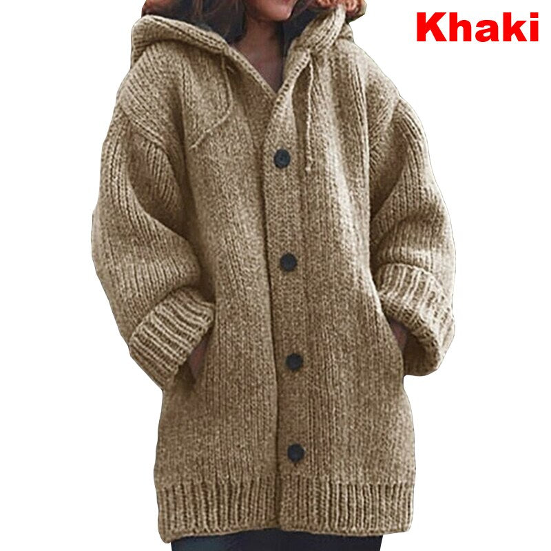 Winter Women Hooded Shacket Cardigan Casual Knit Hoodie Solid Button Knitted Sweater Coat Warm Long Sleeve Pocket Plus Size Female Knitwear Outwear