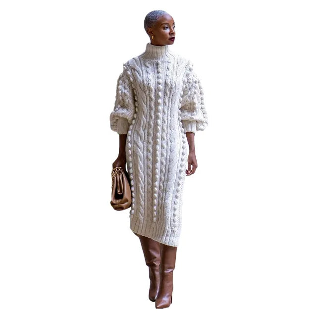 Women's White Braid Knitted Casual Long Dress Fall Autumn Winter Turtleneck Long Sleeve Side Split Fashion Sweater Dresses Streetwear