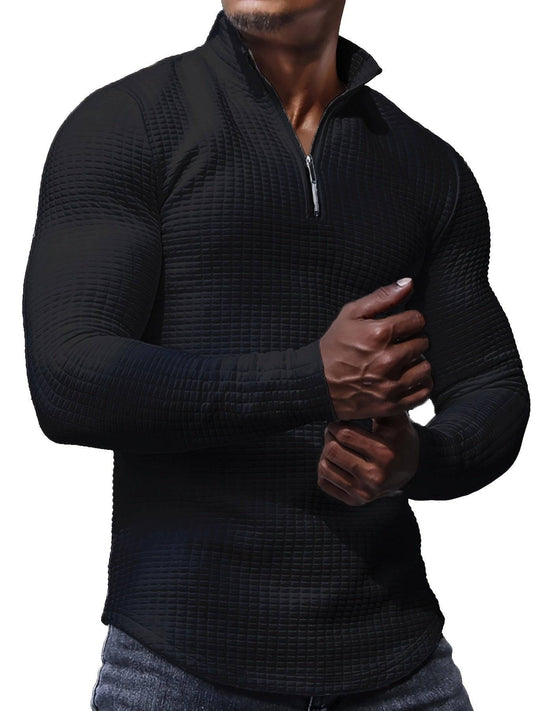 Men's Outdoor Waffle Pattern Stand Collar Half Zip Training T-shirt Waffle Sports Bottoming Shirt - Clothing Personality