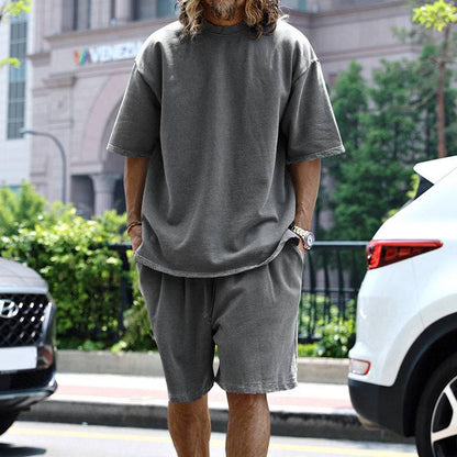 2pcs Loose Sports Shorts Set Suits Summer Round Neck Short Sleeve T-shirt And Drawstring Pockets Shorts Casual Solid Color Set Mens Clothing - Clothing Personality