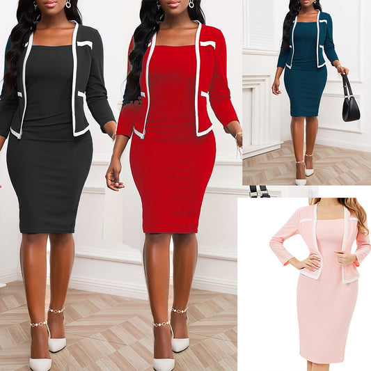 Women's Three-quarter Sleeve Fake 2 Piece Stitching Professional Hip Bag Dress