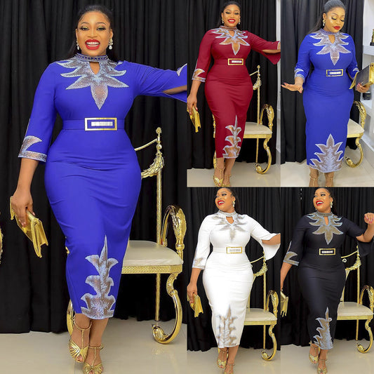 Women's Plus Size Mid-sleeve Beaded Rhinestone Party Dress - Clothing Personality
