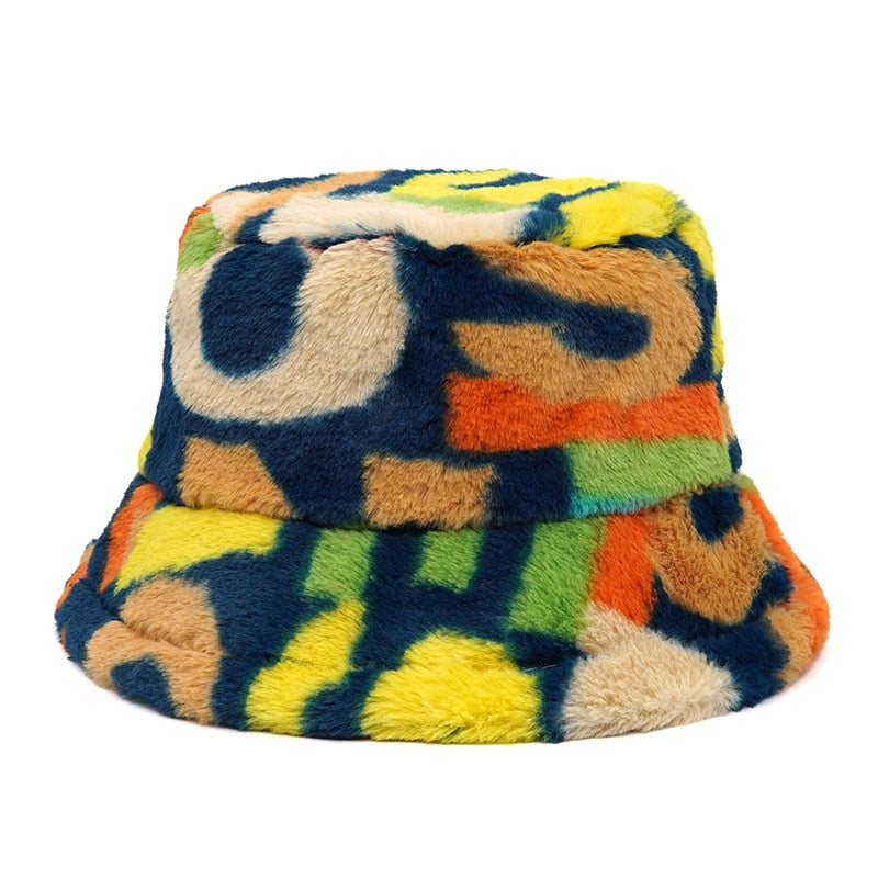 Colorful Unique Autumn Winter Camouflage Faux Fur Bucket Hats Fashion Warm Soft Velvet Fluffy Fisherman Hat Ladies Outdoor Panama