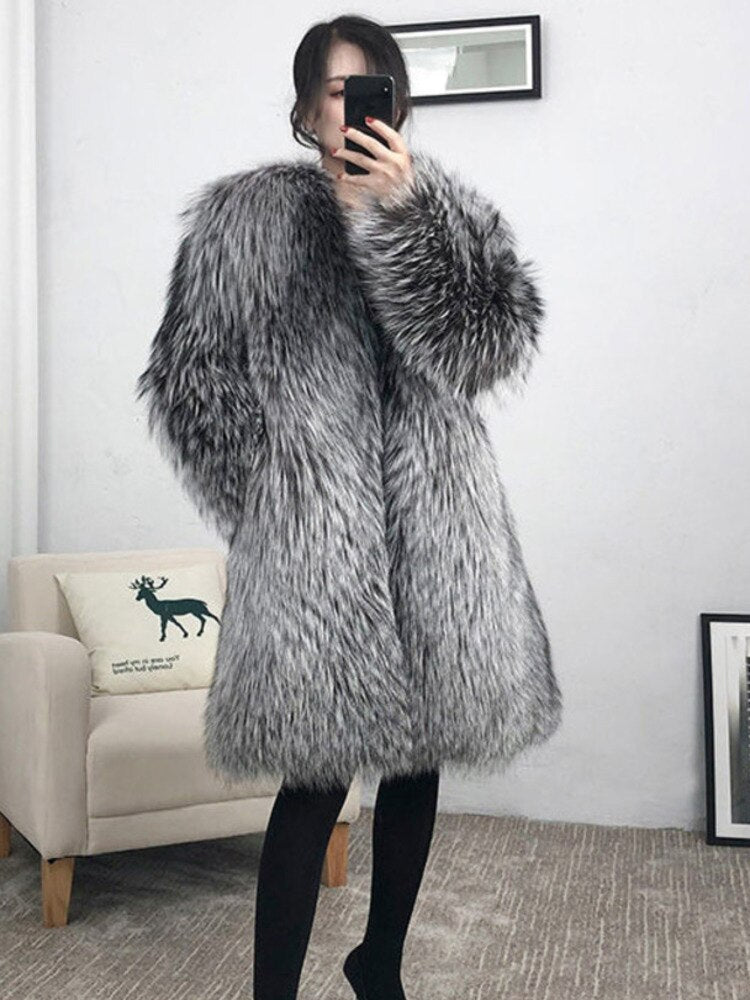 Women's Winter Medium-Length Faux Fox Fur Coat Leather