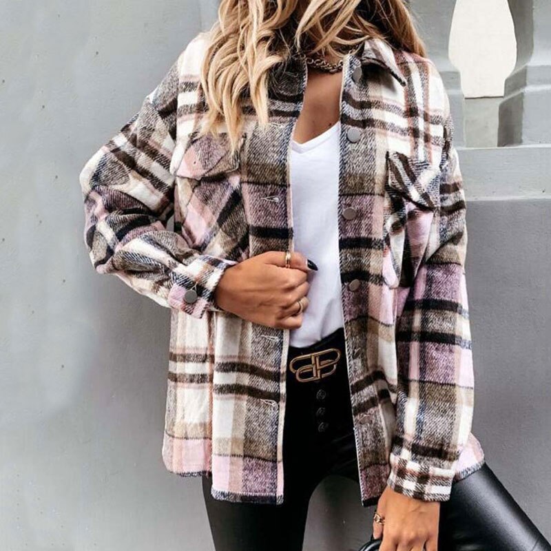 Autumn Long Plaid Shacket Women Shirt Jacket Coat Overshirt Winter Checkered Jacket Female Long Sleeve Shirt Jacket For Women