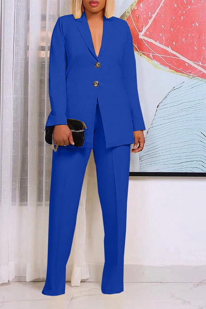 Women's Solid Color Suit Collar Two Button Two-piece  Pants Set Suit Business
