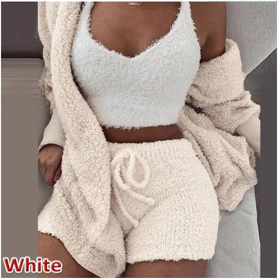 Women's Winter Plush Pajama Crop Top Shorts Set Casual Three-Piece Set 3-Pcs Pajamas Long Sleeved Shorts sports set