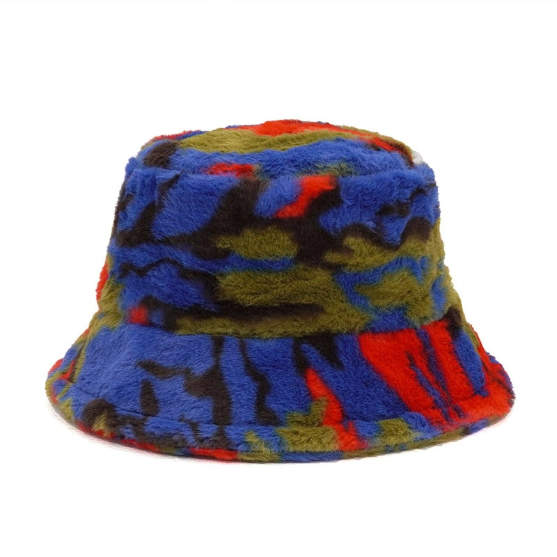 Colorful Unique Autumn Winter Camouflage Faux Fur Bucket Hats Fashion Warm Soft Velvet Fluffy Fisherman Hat Ladies Outdoor Panama