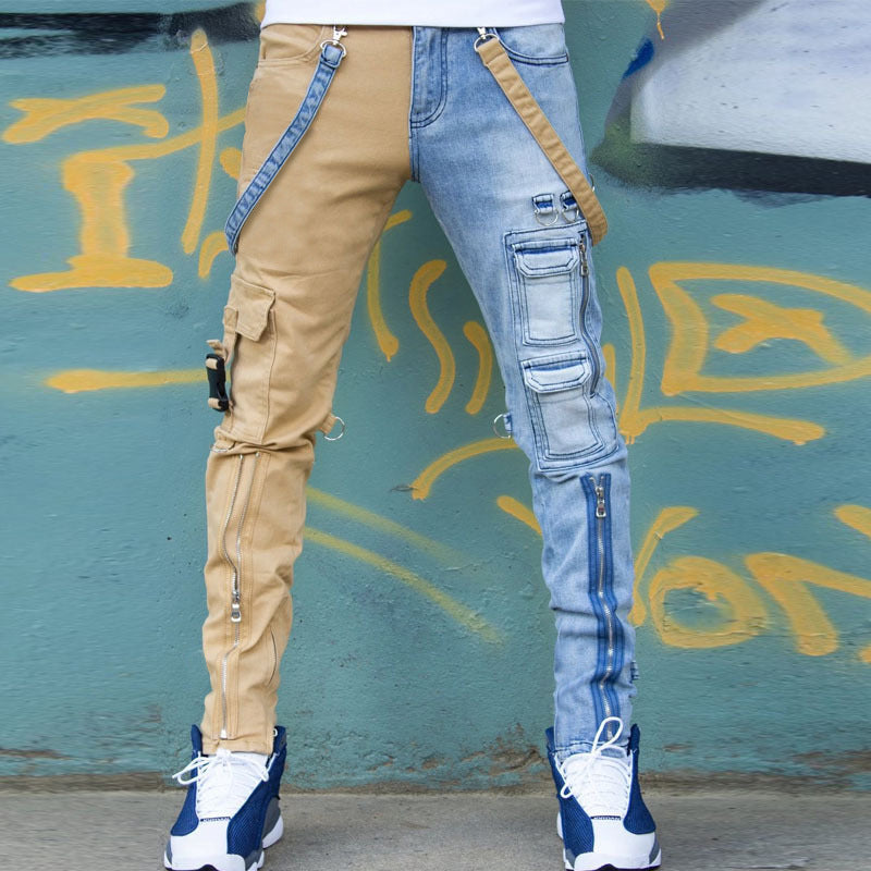 Color Block Wash Jeans Men's Trendy Brand Slim Straight-leg Pants - Clothing Personality