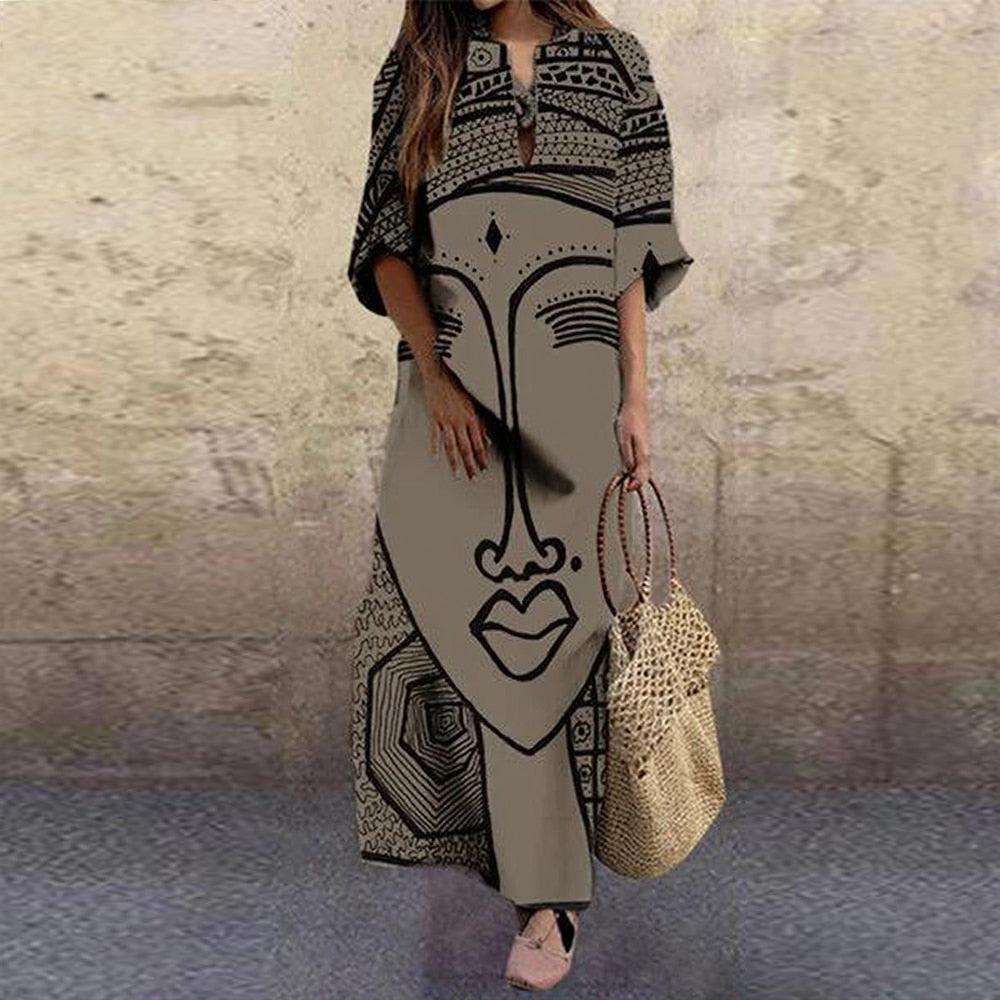 Women's Vintage Portrait Print Dress Abstract Face Women Dresses