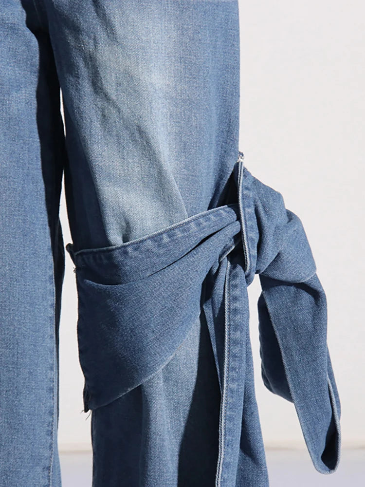 Women's Jeans High Rise Patchwork Asymmetric Bowknot Design Waist Straight Wide Leg Denim Pants