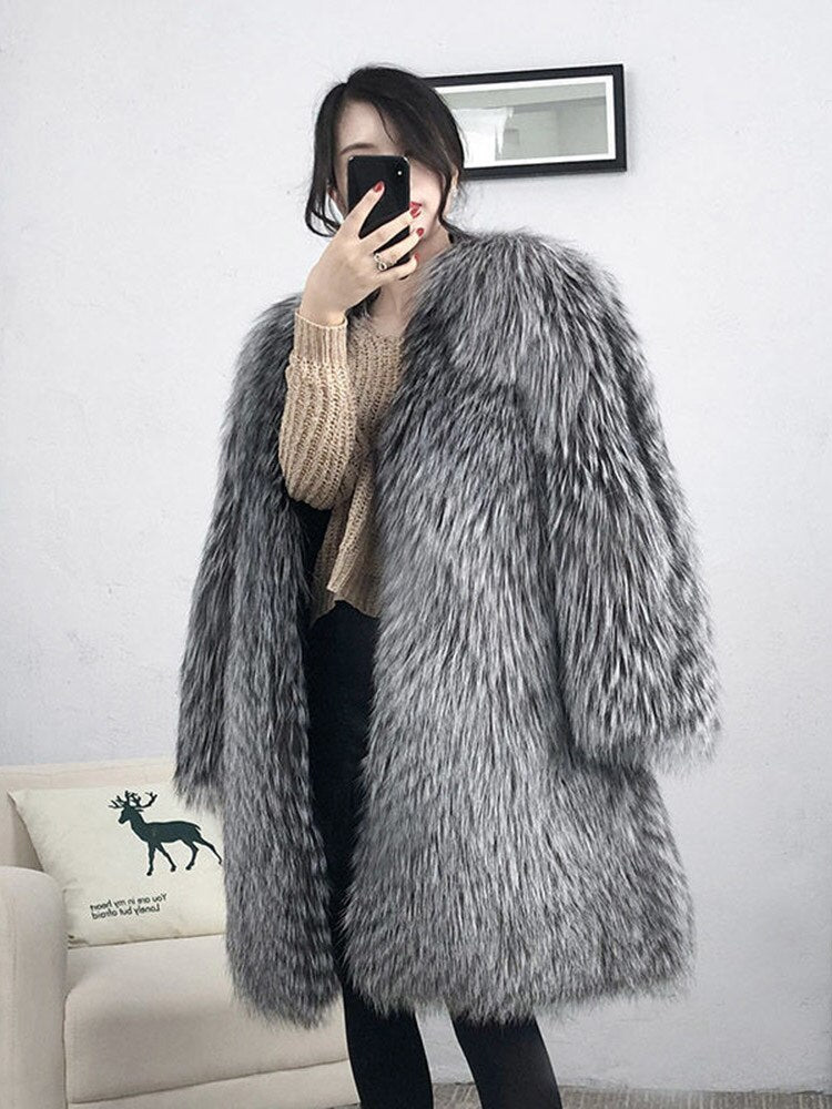 Women's Winter Medium-Length Faux Fox Fur Coat Leather