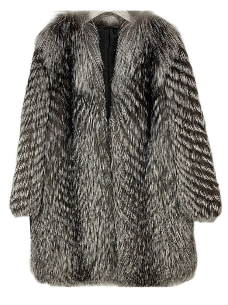 Women's Winter Medium-Length Faux Fox Fur Coat Leather