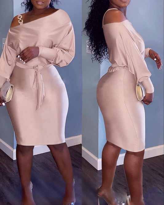 Women's Champagne Color One Shoulder Bodycon Dress with Long Sleeves