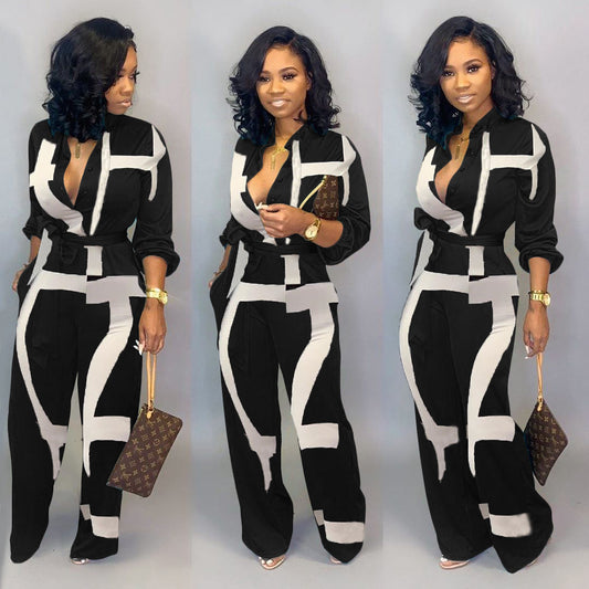 Women's Fall New Sexy Long Sleeve Lace Up Printed Jumpsuit