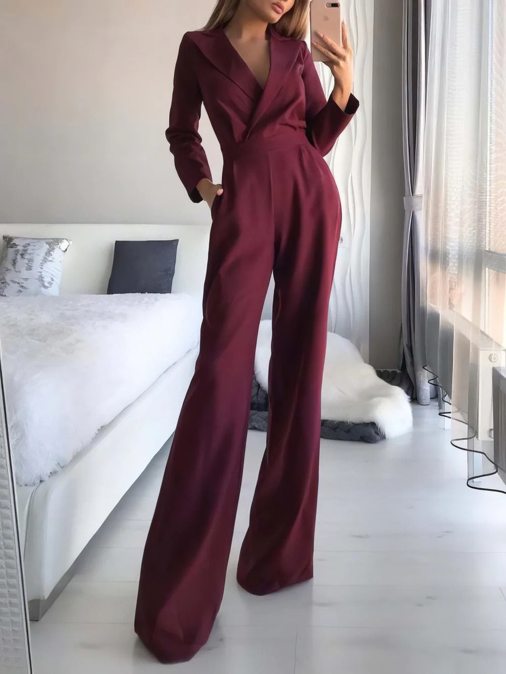 Women's Fall Long Sleeve Jumpsuit with Pockets Mid Waist Solid Color V Neck