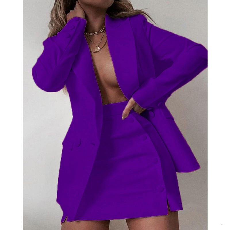 Women's Professional Work Blazer Mini Skirt Solid Color Bold Suit Short Skirt Two-piece Set