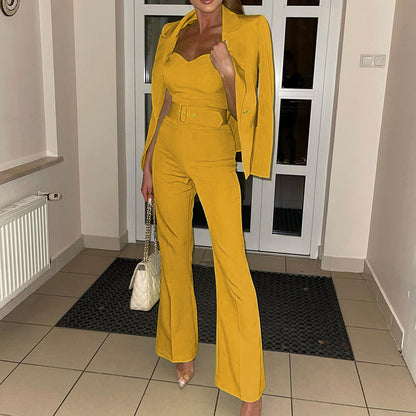 Women's Fashion Long Sleeve Small Suit Jumpsuit Two-piece Suit with Blazer - Clothing Personality