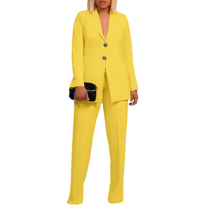 Women's Solid Color Suit Collar Two Button Two-piece  Pants Set Suit Business
