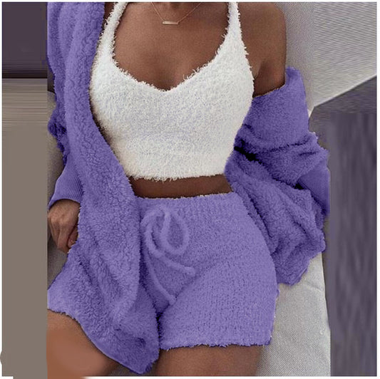 Women's Winter Plush Pajama Crop Top Shorts Set Casual Three-Piece Set 3-Pcs Pajamas Long Sleeved Shorts sports set