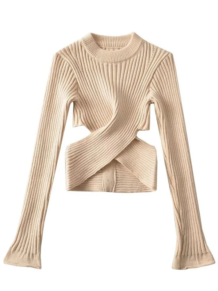 Women's Cut Out Knitted Pullover Sweater Round Neck Slim Long Sleeve Hollow Out Cross Waist Bottom Sweater