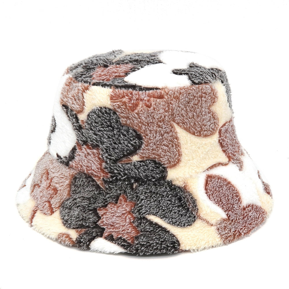 Colorful Unique Autumn Winter Camouflage Faux Fur Bucket Hats Fashion Warm Soft Velvet Fluffy Fisherman Hat Ladies Outdoor Panama