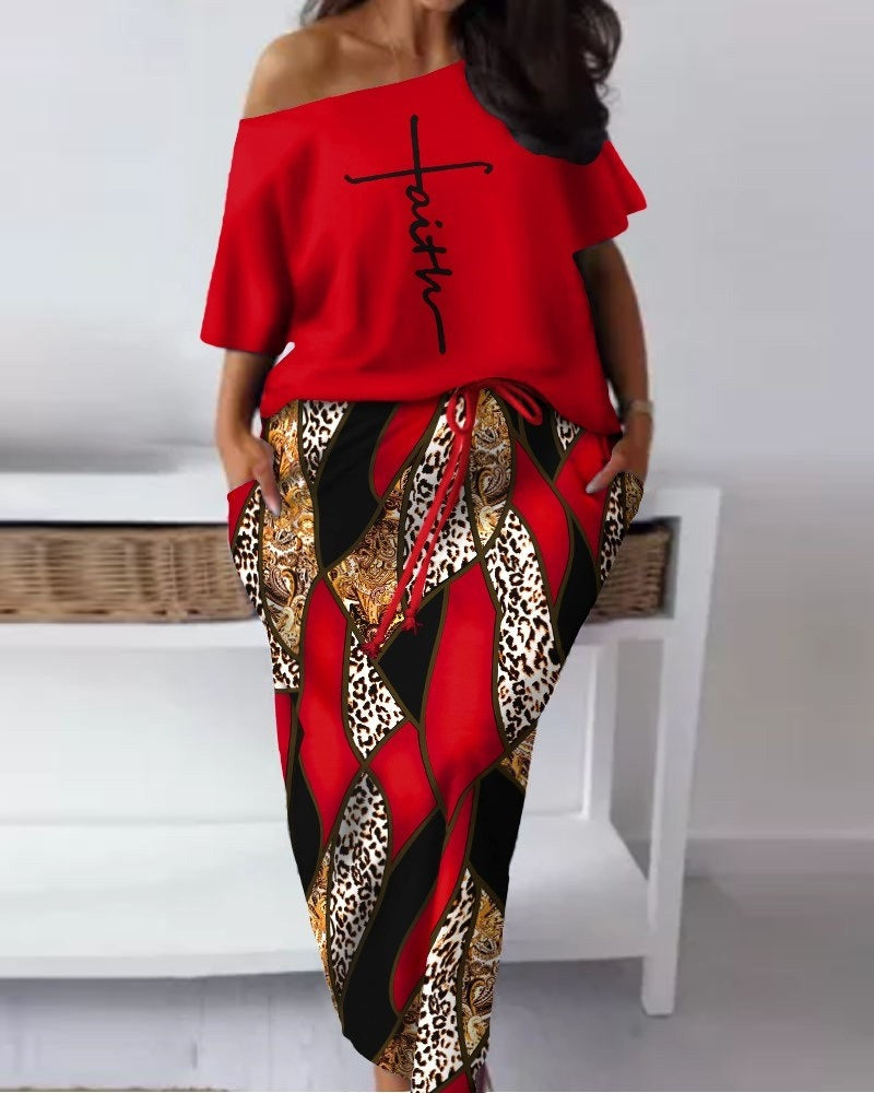 Women's Faith Print Leopard Print Off-Shoulder Top and Skirt Set Women's Baroque Print Off-Sholder Top and Skirt Set