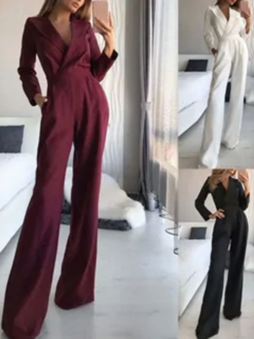 Women's Fall Long Sleeve Jumpsuit with Pockets Mid Waist Solid Color V Neck