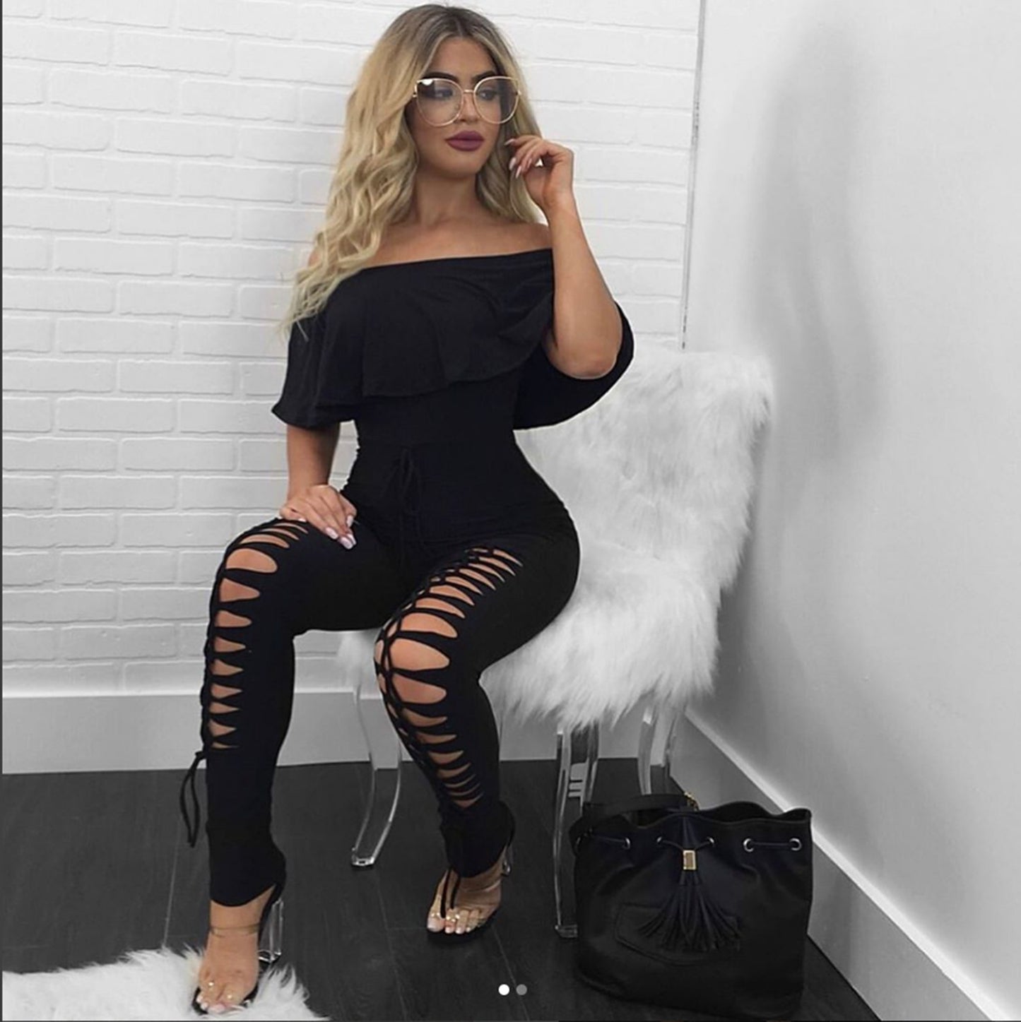 Women's Fall Off-The-Shoulder Ripped Cut out Jumpsuit