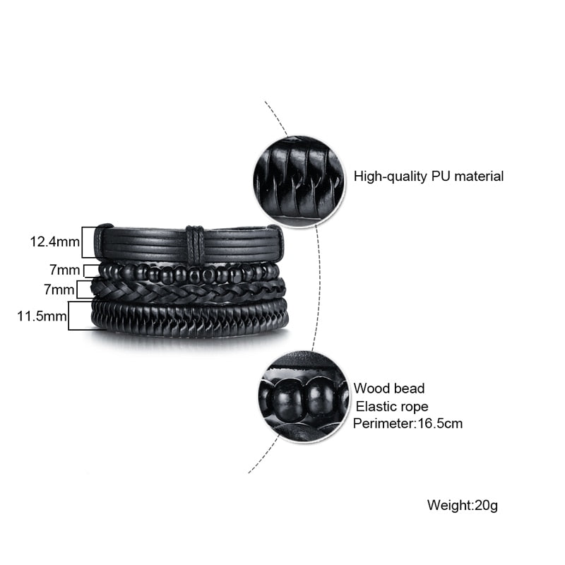 4pcs/ Set Black Bracelets for Men Bangle Adjustable Length Bohemia Holiday Male Jewelry Punk Pulseira