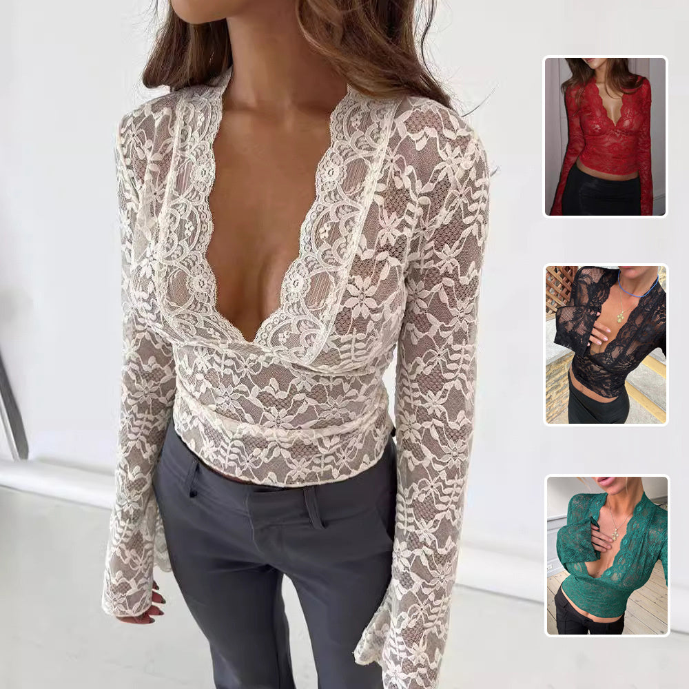Flowers Lace Long Sleeve Top Y2K Fashion Slim Bottoming Shirt Top Women's Clothing - Clothing Personality