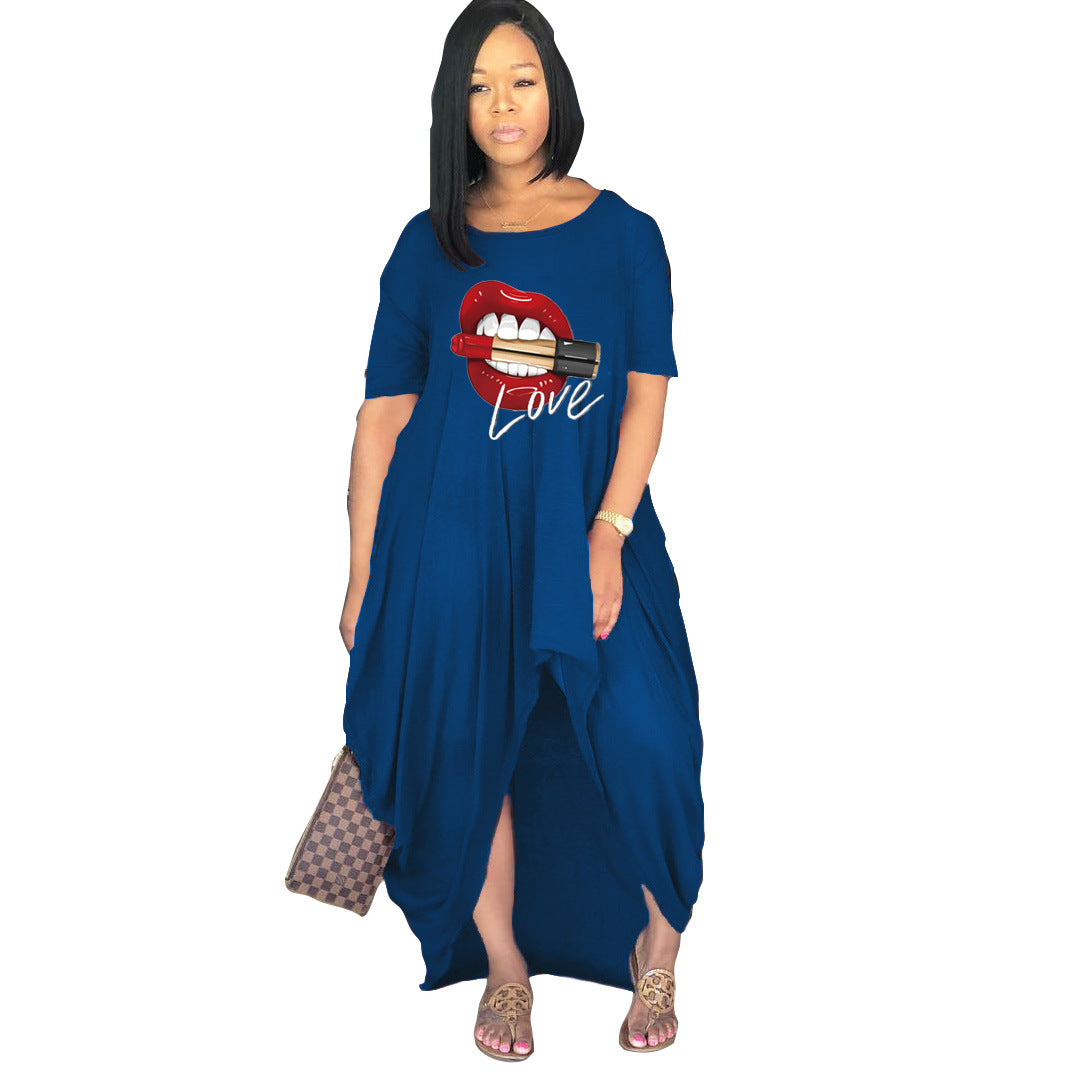 Plus Size Women Fashion Offset Lip Slit Long Short Sleeve Dress