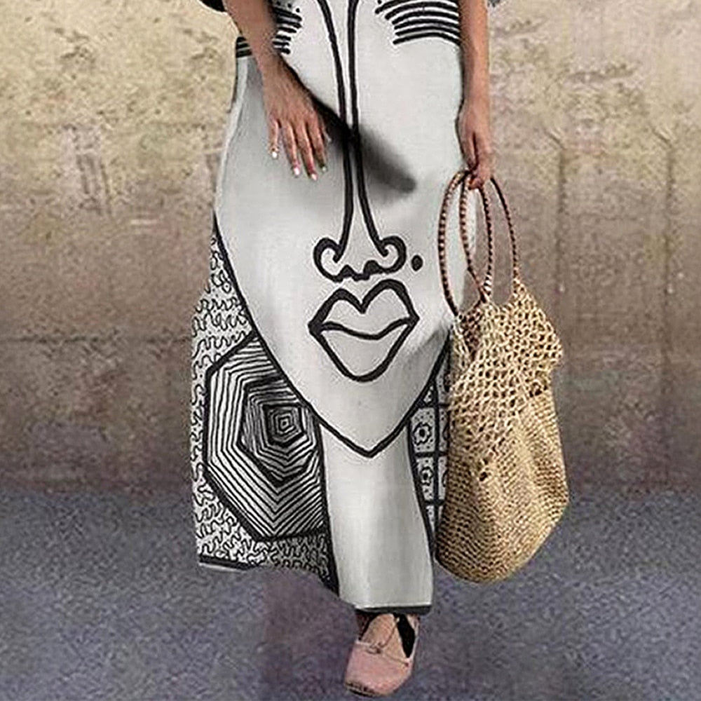 Women's Vintage Portrait Print Dress Abstract Face Women Dresses