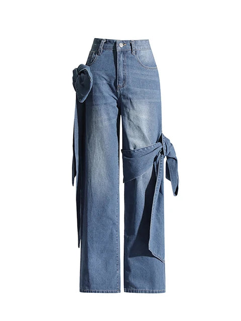 Women's Jeans High Rise Patchwork Asymmetric Bowknot Design Waist Straight Wide Leg Denim Pants