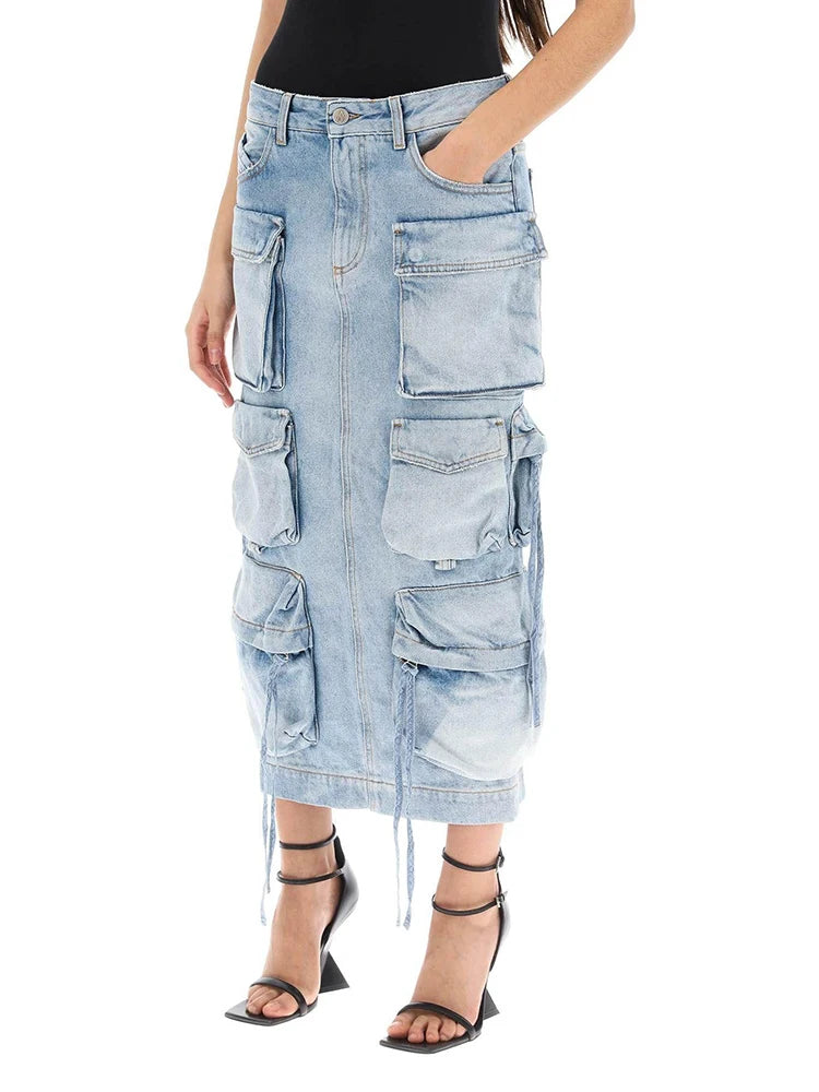 Women's Casual Loose Cargo Style Denim Skirt High Rise High Waist Patchwork Pocket Designer Cargo Skirts Female Fashion New