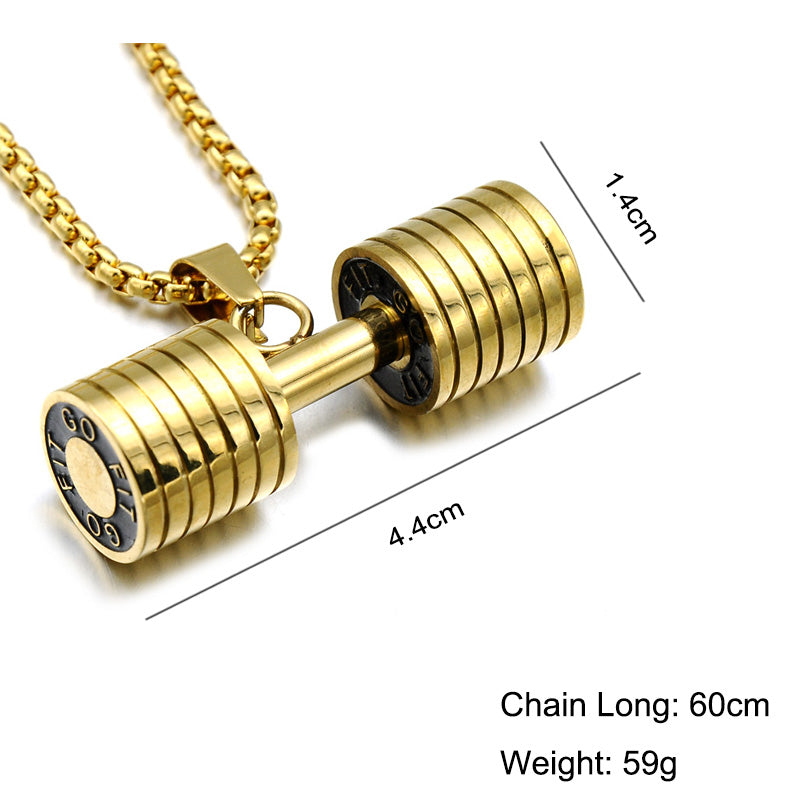 Men Women Unisex Gold Color Titanium Stainless Steel GO FIT Dumbbell Gym Fitness Barbell Pendant Necklace Sports Jewelry