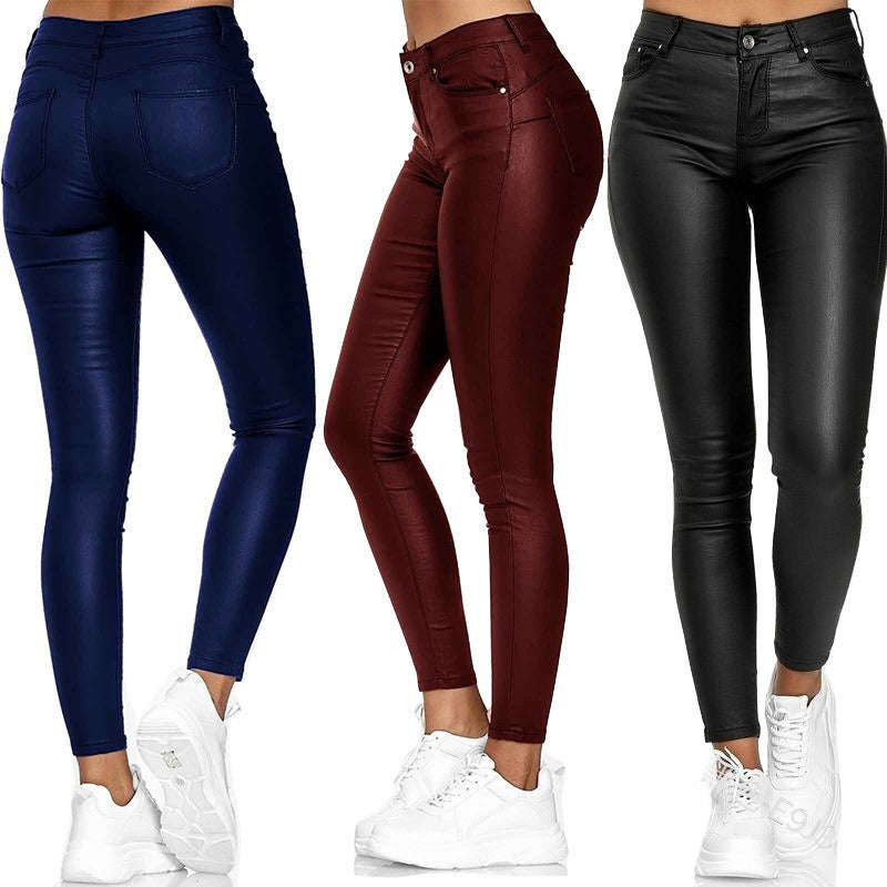 Women's Fall and Winter High Waist Solid Color Faux Leather Casual Pants Faux Leather Pants Long Pants Women