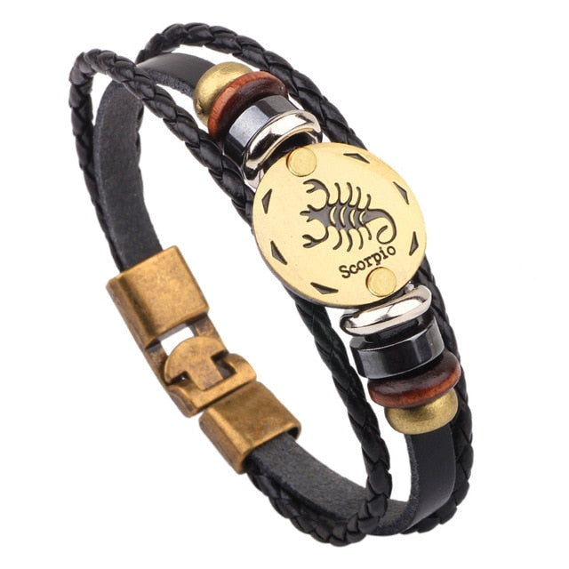 12 Horoscope Leather Bracelet Men Jewelry Vintage Retro Charm Bracelet Male Jewelry 8.2