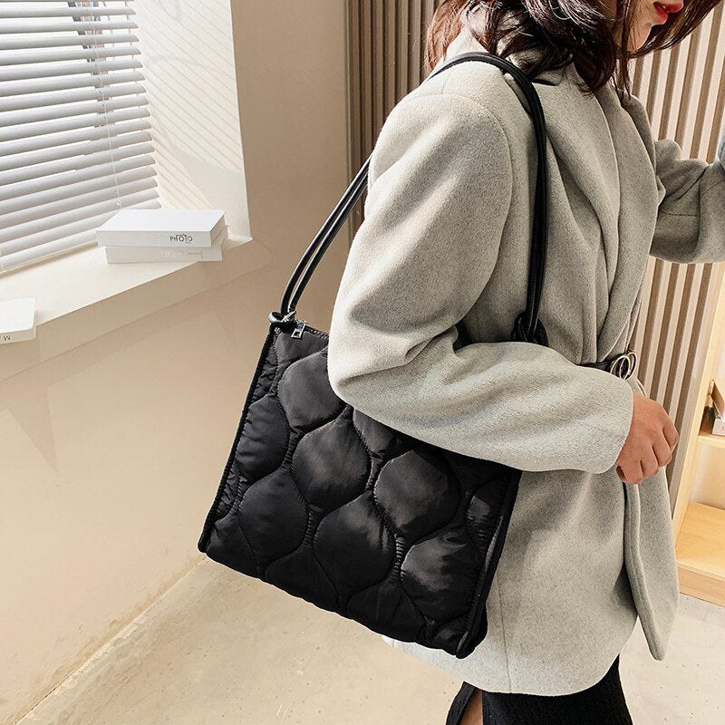 Winter Down Cotton Shoulder Bag Women Waterproof Tote Bags Soft Fluffy Air Down Female Satchel Simple Crossbody Bag