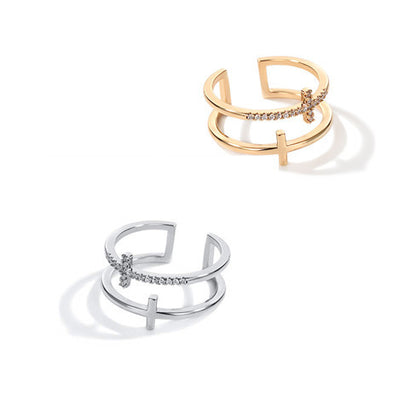 Double Cross Miniature Copper Inlaid Zircon Ring - Clothing Personality