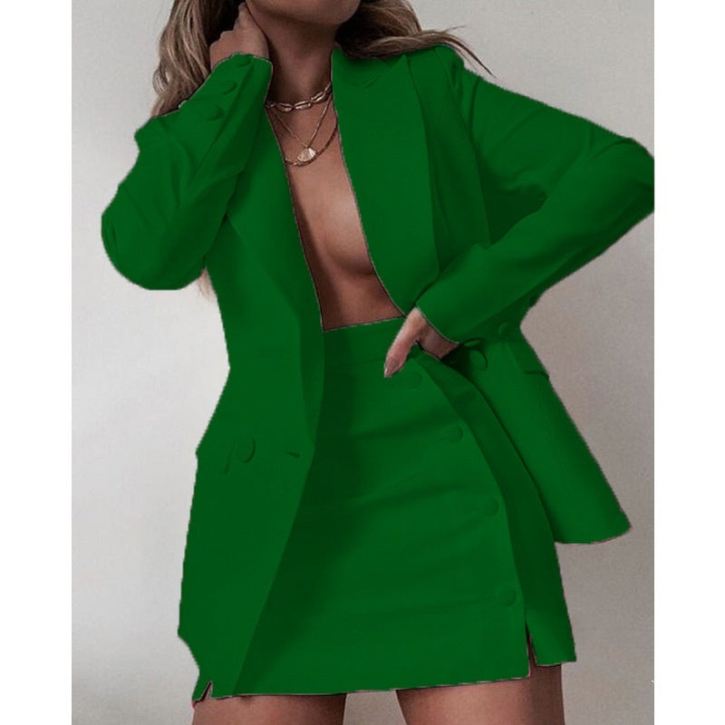 Women's Professional Work Blazer Mini Skirt Solid Color Bold Suit Short Skirt Two-piece Set