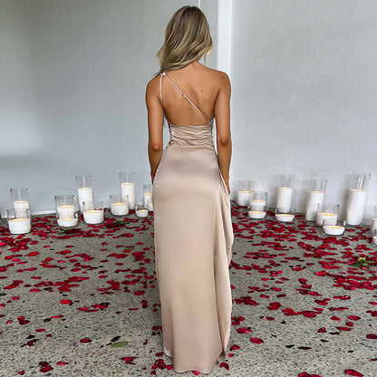 Sexy One-Shoulder Backless Slit Dress Summer Elegant Slim-fit Solid Color Satin Dresses For Women Back view - Clothing Personality 