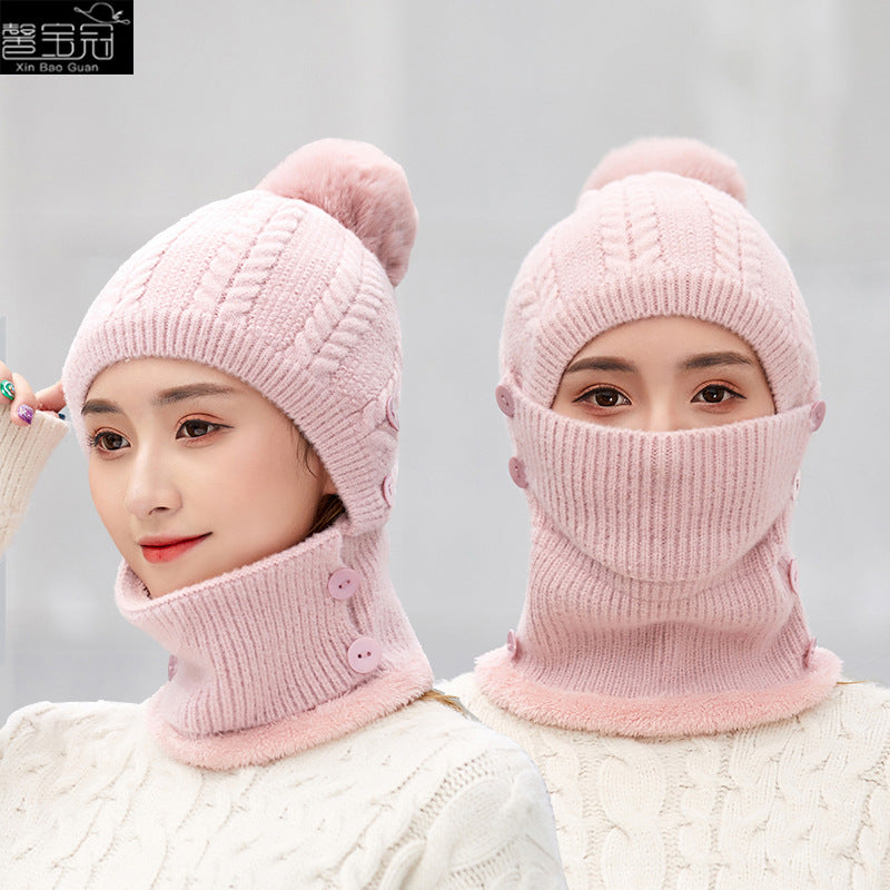 Winter Women's All in One Warm Hat Knitted Neck Scar Mask One Piece Hat Outdoor Cycling Plush Wool Hat