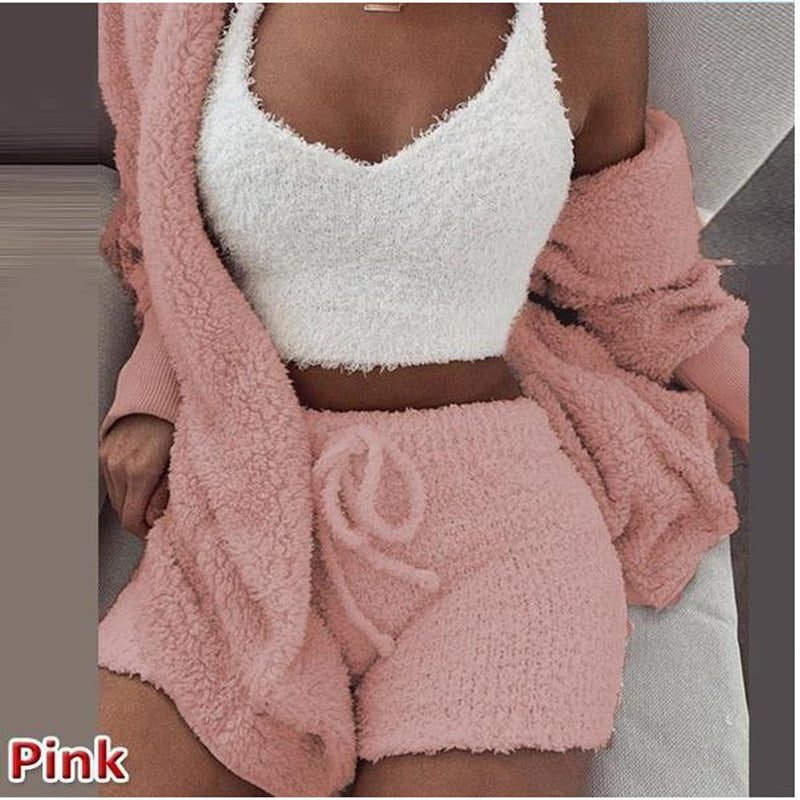 Women's Winter Plush Pajama Crop Top Shorts Set Casual Three-Piece Set 3-Pcs Pajamas Long Sleeved Shorts sports set