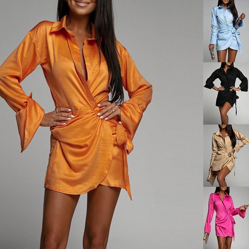 Women's Fall Long Sleeve Shirt Dress Mini Dress Tie front