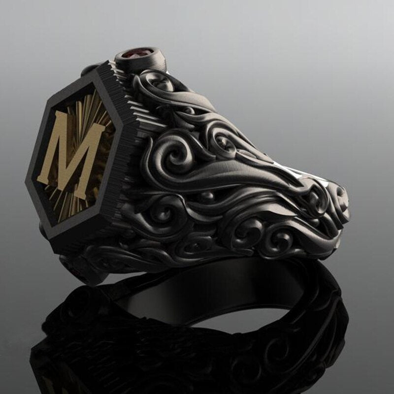 Classic Fashion Men's Bohemian Ring Black M Letter Stainless Steel Rings for Men Hip Steampunk Motorcycle Ring Men Wedding Jewelry