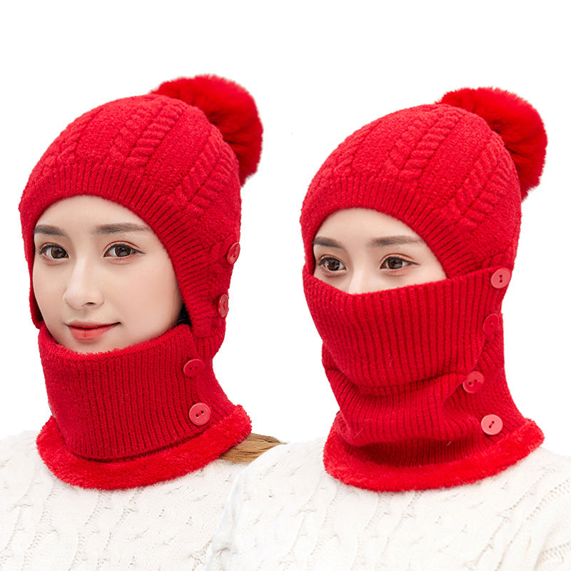 Winter Women's All in One Warm Hat Knitted Neck Scar Mask One Piece Hat Outdoor Cycling Plush Wool Hat