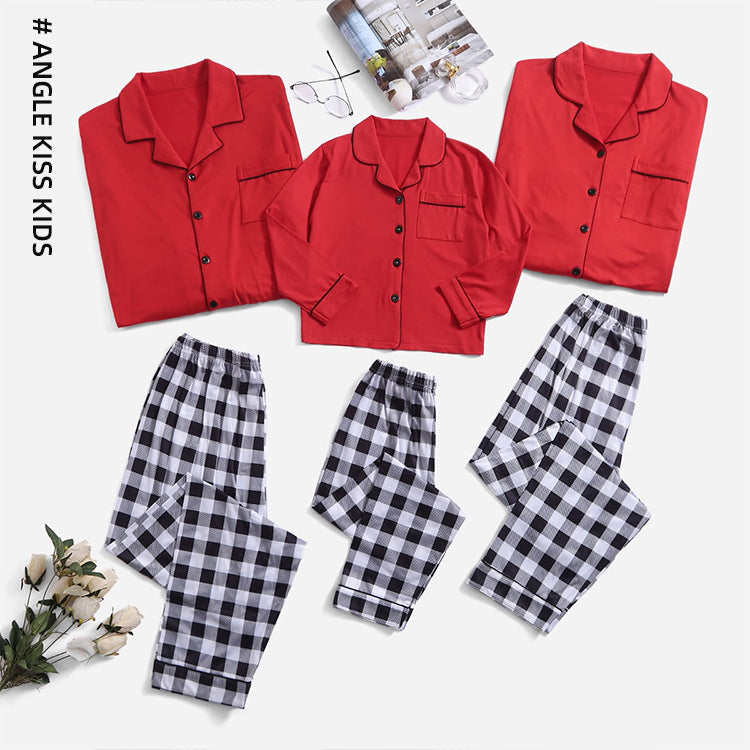 Christmas Family Wear Parent-Child Wear Solid Color Stripes Satin Simulation Silk Boys And Girls Pajamas Home Wear Set