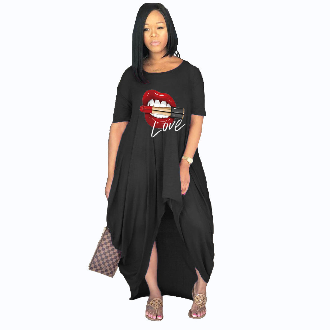 Plus Size Women Fashion Offset Lip Slit Long Short Sleeve Dress